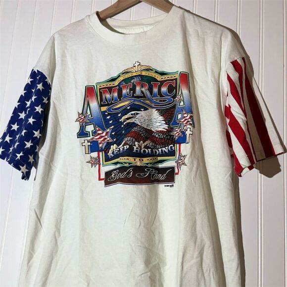 Vintage 90s Merica Patriotic T-Shirt XL USA Flag Sleeves Bald Eagle Tee 1996 - Picture 2 of 7